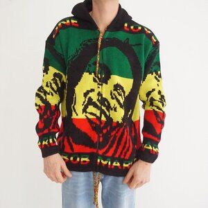 Vintage Bob Marley Knit Hoodie Sweater Rasta Graphic Reggae Streetwear Large